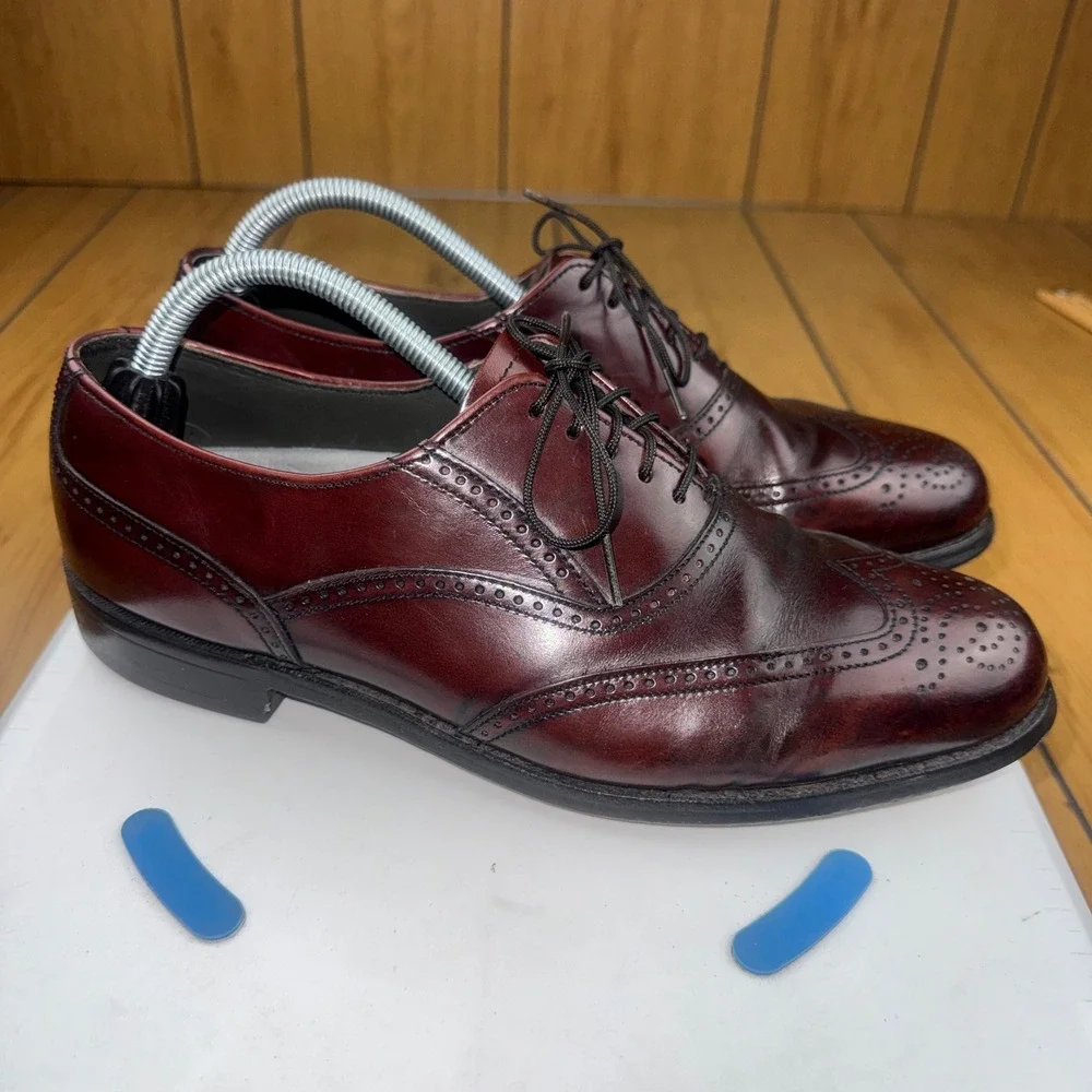 Burgundy Leather Wingtip Oxford Brogue Dress Shoes Mens Lace Up Almond Toe 10